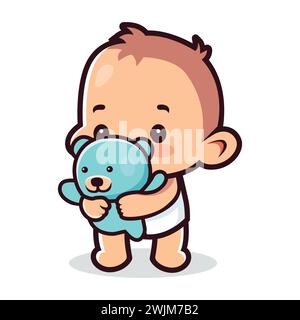 Niedliche Cartoon-Baby-Figur, die mit einem Teddybären spielt. Isolierte Baby-Charakter-Vektor-Illustration. Baby-Symbol und Symbol für Windelmarke Social Stock Vektor