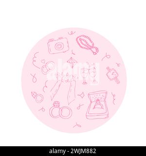 Hand gezeichnet Hochzeit Umriss Kritzelikonen rund Hintergrund von Schmuck und Braut. Vektor-Illustration der Hochzeitszeremonie Einzelteile in Hand gezeichnet, für Grußkarte, Einladung, Speichern und Datumskarte. Stock Vektor
