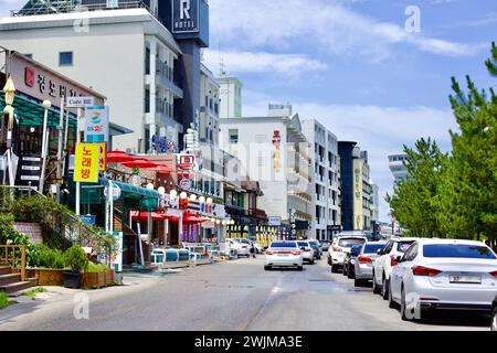 Gangneung City, Südkorea - 29. Juli 2019: Die belebte Küstenstraße zwischen Gyeongpodae Lake und Gyeongpodae Beach, gesäumt von Meeresfrüchten Stockfoto