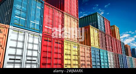 Viele farbenfrohe Frachtcontainer – 3D-Illustration Stockfoto