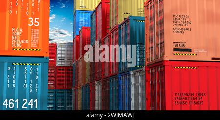 Viele farbenfrohe Frachtcontainer – 3D-Illustration Stockfoto
