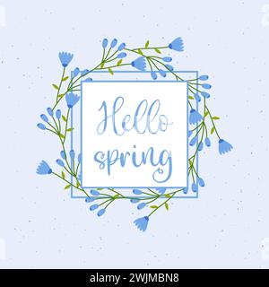 Hallo Frühling, blauer Hintergrund, Rahmen mit blauen Blumen und Punkten auf dem Hintergrund. Vektor Stock Vektor