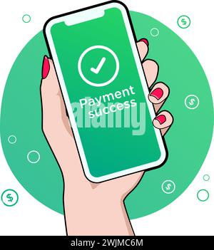 Mobile Zahlung erfolgreich. Empfangen und übertragen mit Häkchen auf dem Bildschirm. Die Hand der Frau, die mit dem Smartphone transferiert, Geld sendet und empfängt. Stock Vektor