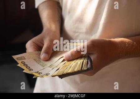 Sri-lankische Rupien in den Menschen, die verschiedene Stückelungen zählen. Rupie ist die Währung Sri Lankas. Nahaufnahme. Stockfoto