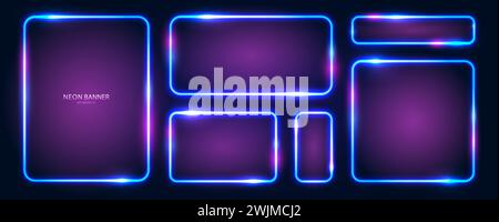 Ein Satz rechteckiger Neonrahmen mit leuchtenden Effekten, Lichtern und Inschriften auf dunklem Hintergrund. Stock Vektor