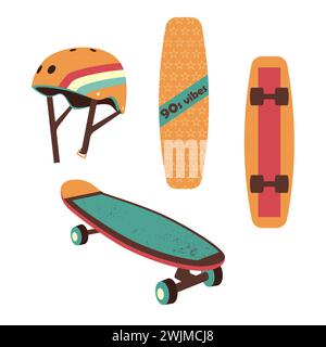 Set aus Skateboards und Skaterhelm. Vektorillustration im Stil der 90er Jahre, in Retro-Farben. Stock Vektor