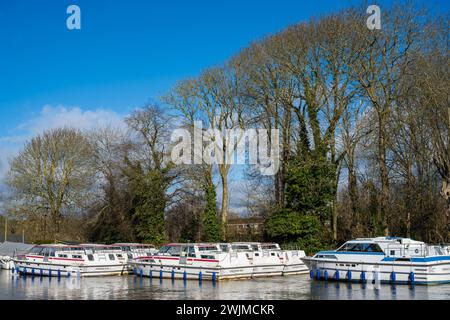 Freizeitboote auf Frys Island, Themse, Reading, Berkshire, England, GROSSBRITANNIEN, GB. Stockfoto