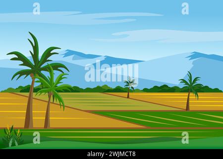 Schöne Reis- und Reisfelder Landschaft mit Bergen Vektor Illustration. Blick auf ein friedliches Dorf. Stock Vektor