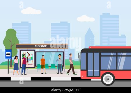 Bushaltestelle mit Unterschlupf auf der Stadtstraße. Stadtlandschaft mit Bahnhof und Gebäuden im Hintergrund. Vektor-Zeichentrick-Illustration. Stock Vektor