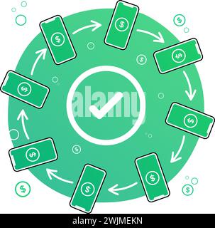 Geldflusskonzept. Kreise-Idee von empfangen und übertragen. Symbol für erfolgreiche Zahlung in der Mitte. Geldsymbol auf dem Bildschirm von Telefonen. Stock Vektor