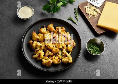 Gerösteter Blumenkohl auf schwarzer Platte über dunklem Steinhintergrund. Nahansicht Stockfoto