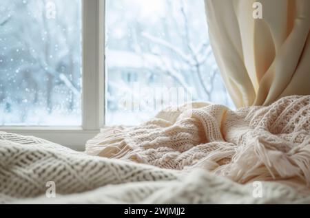 Porträt einer bengalischen Katze in einem warmen Hut auf weißem Hintergrund. Katze in Kleidung isoliert. Stockfoto