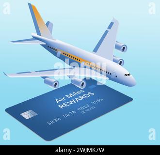 Eine Flugmeilen-Belohnungskarte ist isoliert auf einem blauen Hintergrund mit einem Flugzeug in einer 3D-Illustration über Vielfliegerprämien zu sehen. Stockfoto