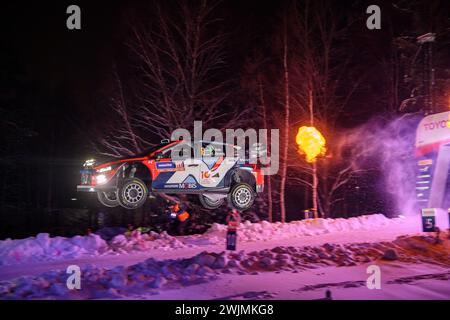 Umea, Schweden. Februar 2024. Fahrer Ott Tanak (Est) und Martin Jarveoja (Est) vom Hyundai Shell Mobis World Rally Team Hyundai20 N Rally1 Hybrid treten während der FIA World Rally Championship WRC Rally Schweden an. (Foto: Luca Barsali/SOPA Images/SIPA USA) Credit: SIPA USA/Alamy Live News Stockfoto