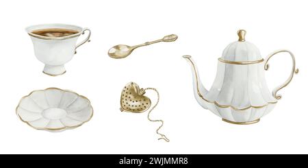 Set aus Teekanne aus weißem Porzellan, Teetasse und Untertasse mit vergoldetem Rand, Teesieb aus goldfarbenem Metall an Kette und Löffel, viktorianischer Stil. Aquarellillustratio Stockfoto