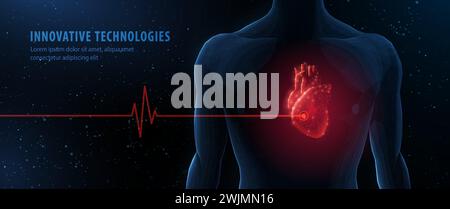 Menschliches Herz und Körper mit roter Kardiolinie. Abstrakter 3D-Vektor. Herzanatomie, Kardiologie Stock Vektor