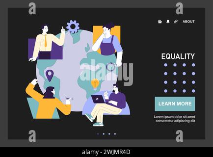 Social Equity Web oder Landing. Zivilgesellschaftliche Teamarbeit, Umweltaktivismus und Engagement der Gemeinschaft für eine bessere Zukunft und Chancengleichheit. Vielfalt und Integration. Illustration des flachen Vektors Stock Vektor