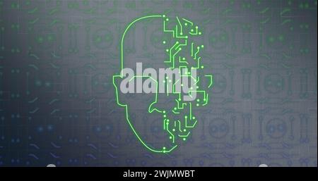 Bild des menschlichen Kopfes, der Anschlüsse und der Datenverarbeitung über Leiterplatte Stockfoto