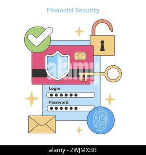 Financial Security Concept. Schützen Sie Online-Transaktionen mit Verschlüsselung, abgeschirmten Anmeldungen und sicheren Passwörtern. Cybersicherheit in der Finanzbranche. Illustration des flachen Vektors. Stock Vektor