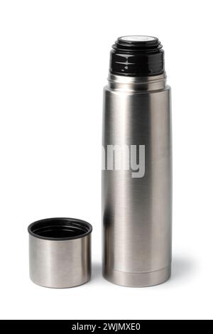 Einzelne offene Aluminium-Thermoflasche Nahaufnahme isoliert auf weißem Hintergrund Stockfoto