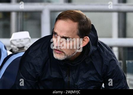 Thomas Tuchel, Cheftrainer des FC Bayern München, sieht beim UEFA Champions League-Spiel zwischen SS Lazio und FC Bayern München im Stadio Olimpic an Stockfoto