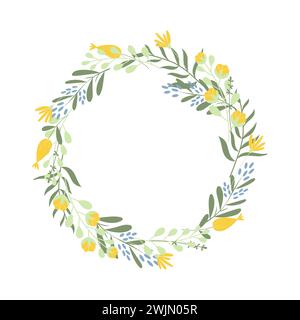 Handgezeichneter Kranz mit gelben und blauen Frühlingsblumen. Stock Vektor