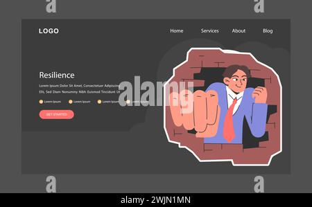Webbanner oder Landing-Page im Nachtmodus oder im Dunkelmodus. Mitarbeiter, die Herausforderungen mit einer starken Faust überwinden. Geistige oder emotionale Stärke, psychologische Verwirrung. Illustration des flachen Vektors. Stock Vektor