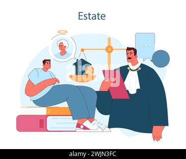 Nachlass. Ein Mann arbeitet mit einem Richter in Nachlassangelegenheiten zusammen, mit einer Erbschaftsskala, die ein Haus und Ersparnisse ausgleicht und eine gerechte Verteilung symbolisiert. Illustration des flachen Vektors Stock Vektor