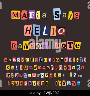 Schriftart für Lösegeld. Sammlung von Zeitschriften und Zeitungsbriefen - Vektordesign-Elemente. Erpressungsmafia-Kriminalitätskonzept. Stock Vektor