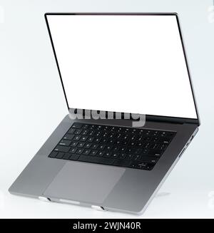 Modernes Notebook auf dem Ständer, seitliche Perspektive isoliert Stockfoto