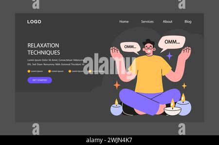 Ein ruhiger Geschäftsmann übt Entspannungstechniken aus, sitzt in einer Lotus-Yoga-Position Nacht- oder Dunkelmodus-Webbanner oder -Landing-Page. Achtsame Meditation. Zentrierter Saldo. Illustration des flachen Vektors. Stock Vektor
