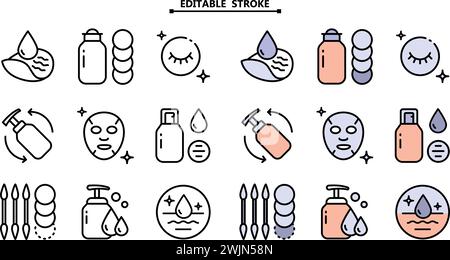 Symbole zum Entfernen von Make-up und zur Hautpflege eingestellt. Bearbeitbare Kontur. Gesicht, Schönheit, Gesundheit, Frau, gesund, Maske, sauber, frisch, Mädchen, Reinigungskonzept. Vektor krank Stock Vektor