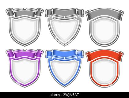Vector Shields Set, Sammlung von 6 grauen monochromen und bunten heraldischen Schilden mit Kopierraum, Gruppe von dekorativen verschiedenen Vintage-Schildern mit Stock Vektor