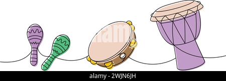 Schlagzeug-Musikinstrumente eine Linie farbige durchgehende Zeichnung. Djembe Trommel, Bongo, Maracas durchgehende, einzeilige Illustration. Lineare Vektordarstellung Stock Vektor