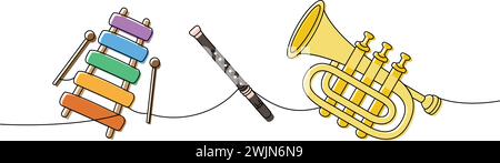 Verschiedene Musikinstrumente, einzeilige, durchgehende Zeichnung. Xylophon aus Holz, Flöte, Trompete durchgehende einzeilige Illustration. Stock Vektor