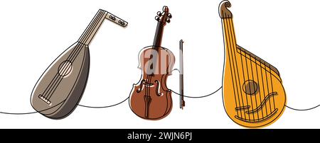 Sammlung von Musikinstrumenten, einzeilige, durchgehende Zeichnung. Laute, Violine, Bandura durchgehende, einzeilige Illustration. Lineare Vektordarstellung Stock Vektor