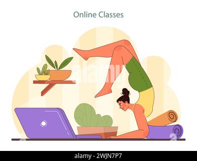 Online-Workout Zu Hause. Eine fokussierte Frau nimmt an einer virtuellen Yoga-Sitzung Teil und demonstriert einen gesunden, aktiven Lebensstil von zu Hause aus. Ideal für digitale Wellness-Initiativen. Illustration des flachen Vektors. Stock Vektor