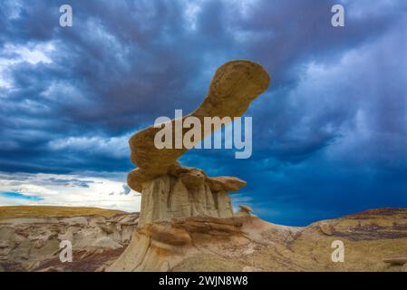 Der King of Wings, ein sehr zerbrechlicher Sandstein-Hoodoo in den Badlands des San Juan Basin in New Mexico, mit Sturmwolken dahinter. Stockfoto