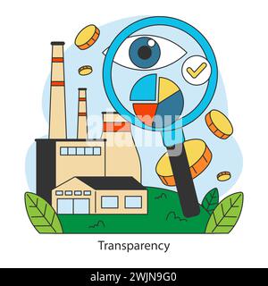 Transparenz im Industriekonzept. Vergrößerter Blick auf Geschäftspraktiken für umweltbewusste Verbraucher. Visualisiert die Verantwortlichkeit des Unternehmens. Illustration des flachen Vektors. Stock Vektor