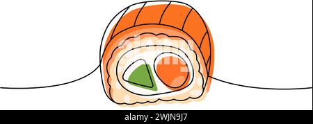 Philadelphia Sushi-Rolle, einzeilige durchgehende Zeichnung. Japanische Küche, traditionelles Essen durchgehende einzeilige Illustration. Stock Vektor