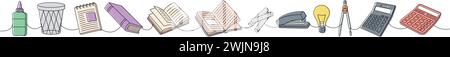 Schulzubehör setzt eine Linie farbige durchgehende Zeichnung. Bücher, Leim, Mülleimer, Notizbuch, Taschenrechner, Kreidestift, Buntstifte, Büroklammer Stock Vektor