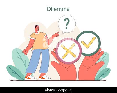 Dilemma-Konzept. Eine Person erwägt Entscheidungen, die durch ein Ja-Nein-Entscheidungssymbol veranschaulicht werden, und denkt über ethische Handlungen nach. Illustration des flachen Vektors. Stock Vektor