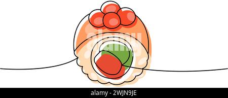 Futomaki, philadelphia Sushi-Rolle, einzeilige durchgehende Zeichnung. Japanische Küche, traditionelles Essen durchgehende einzeilige Illustration. Stock Vektor