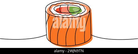 Philadelphia Sushi-Rolle, einzeilige durchgehende Zeichnung. Japanische Küche, traditionelles Essen durchgehende einzeilige Illustration. Stock Vektor