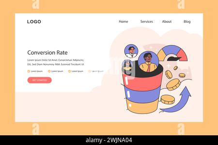 Umrechnungskurskonzept. Illustration der Marketing-Trichterdynamik mit einem Anstieg der Gewinne. Visualisierung der Customer Journey und des Umsatzwachstums. Illustration des flachen Vektors. Stock Vektor