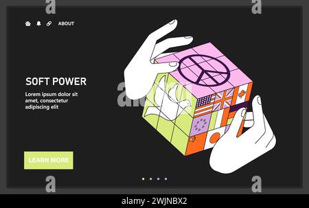Soft Power Web oder Landing Dark oder Nachtmodus. Globale Konnektivität und Zusammenarbeit. Internationale Kommunikation. Verschiedene Länder sind sich einig für Frieden und Einheit. Illustration des flachen Vektors Stock Vektor