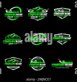 Gartendienst, Landschaftsgestaltung und Rasenpflege Set von neun Vektor-Emblemen auf schwarzem Hintergrund Stock Vektor