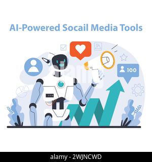 KI-gestützte Social-Media-Tools-Konzept. Revolutioniert Interaktion und Analyse mit automatisierten Interaktionen. Steigert die Online-Präsenz und -Leistung. Illustration des flachen Vektors. Stock Vektor