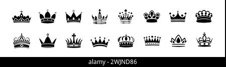 Kronensymbole gesetzt. Einfache, schwarze Silhouetten königlicher Kronen. Vektorillustration isoliert auf weißem Hintergrund. Ideal für Logos, Embleme, Abzeichen. Kann sein Stock Vektor