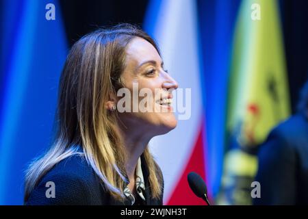 Danzig, Polen. 16. Februar 2024. Roberta Metsola, Präsidentin des Europäischen Parlaments, während ihres Besuchs in Danzig © Wojciech Strozyk / Alamy Live News Stockfoto